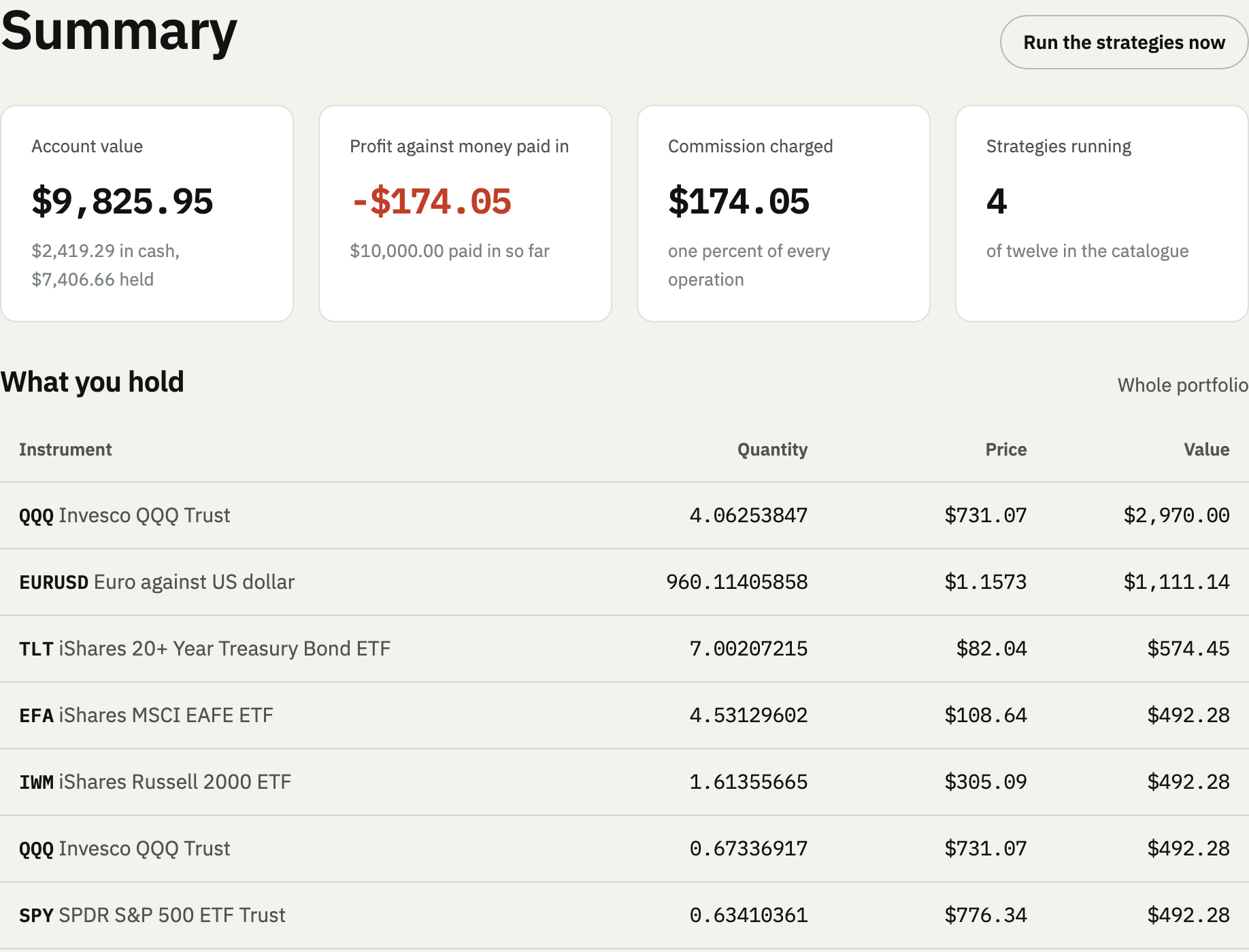 Account summary: balance, profit, commission charged, and every position with its value