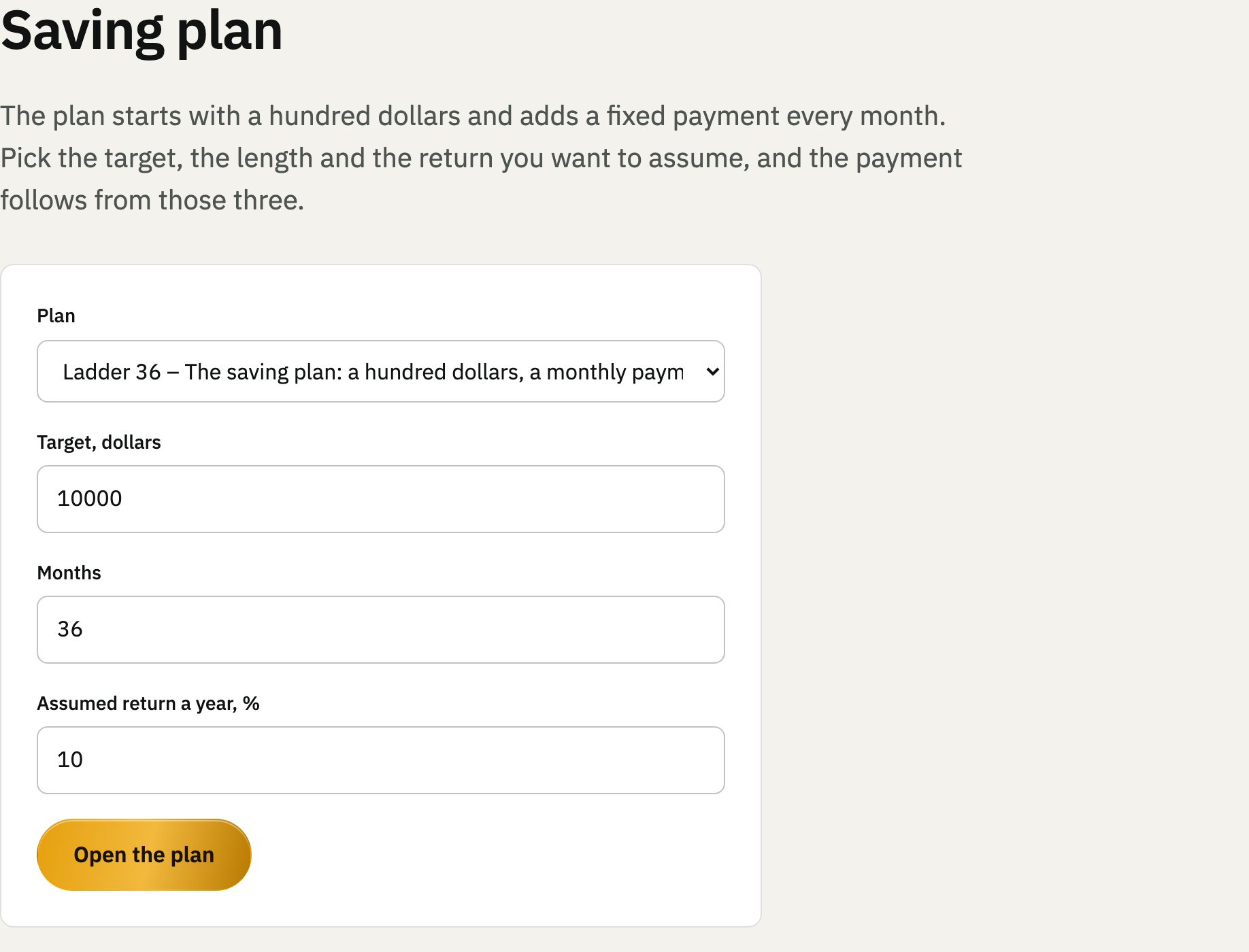 Saving plan: target, monthly payment, progress and the payment schedule